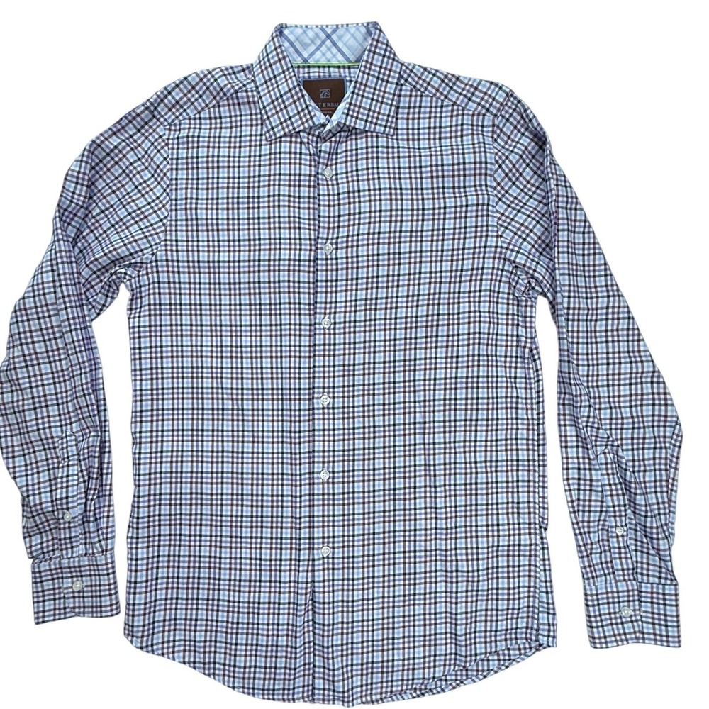 Tattersall London Mens Dress Shirt Medium 15-15.5 Blue Purple Plaid Long Sleeve